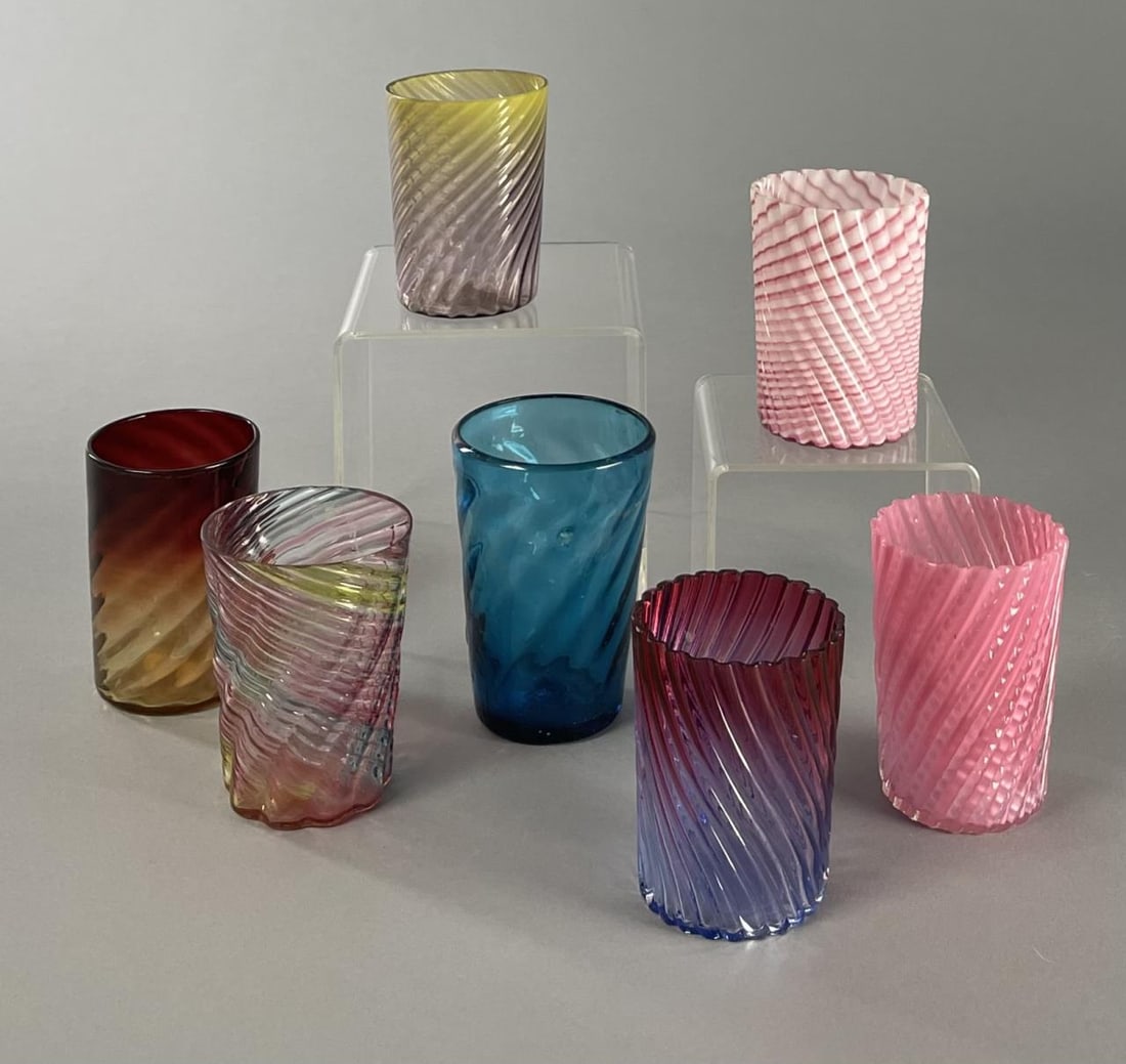 7 Late 19th C. Colorful Swirl Rib Glass Tumblers: Circa 1880 swirl ribbed glass tumblers. They measure 3-1/2" to 4-1/4". From the collection of Kenneth Beachler. SHIPPING: In-House Shipping Available per our Terms and Conditions. Please read the Ship