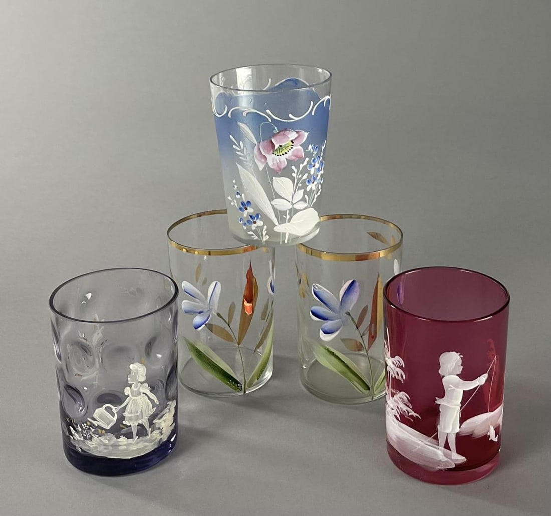 5 Victorian Enameled Glass Tumblers Mary Gregory (1 of 7)