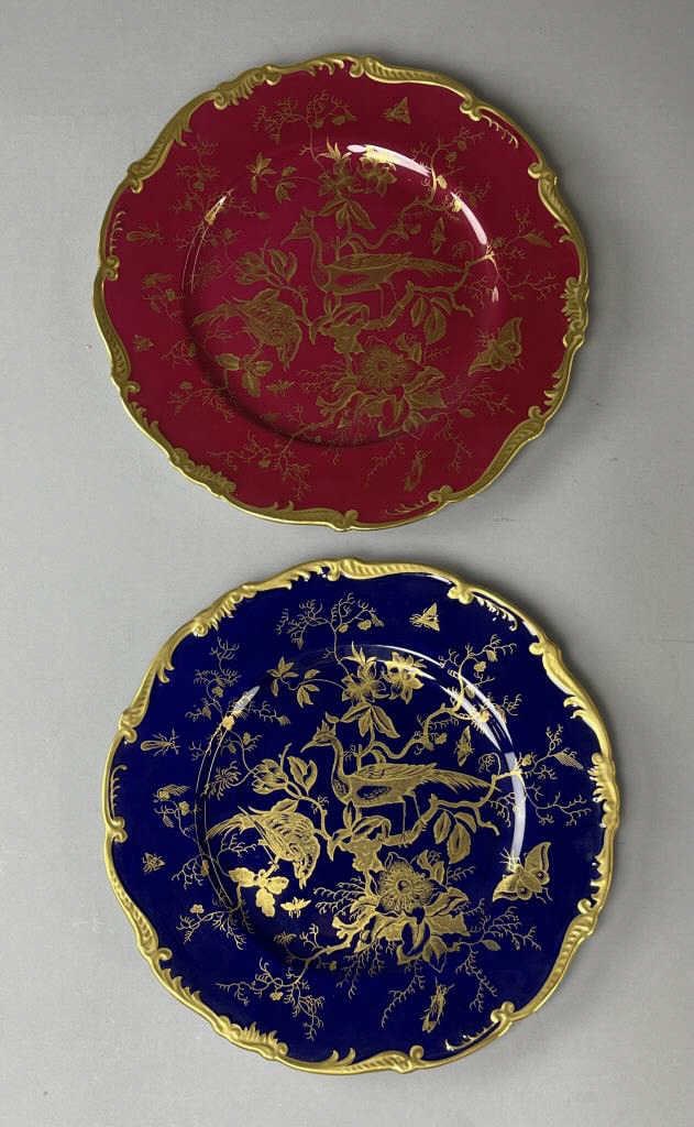 2 Coalport Cairo Dinner Plates Cobalt and Maroon: 2 (10-1/4") porcelain dinner plates from Coalport in the Cairo pattern. From the collection of Phillip Siebert. SHIPPING: In-House Shipping Available per our Terms and Conditions. Please read the Ship