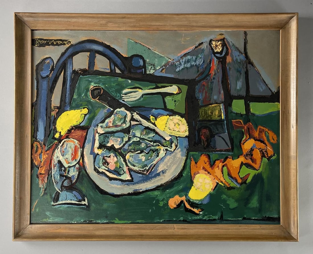 Abraham Rattner Still Life with Oysters C.1948: Screen print by Abraham Rattner (American, 1895-1978). Signed in print upper left. Framed size 28" x 22-1/2". From the collection of Kenneth Beachler. SHIPPING: Local pick-up or third party shipping o