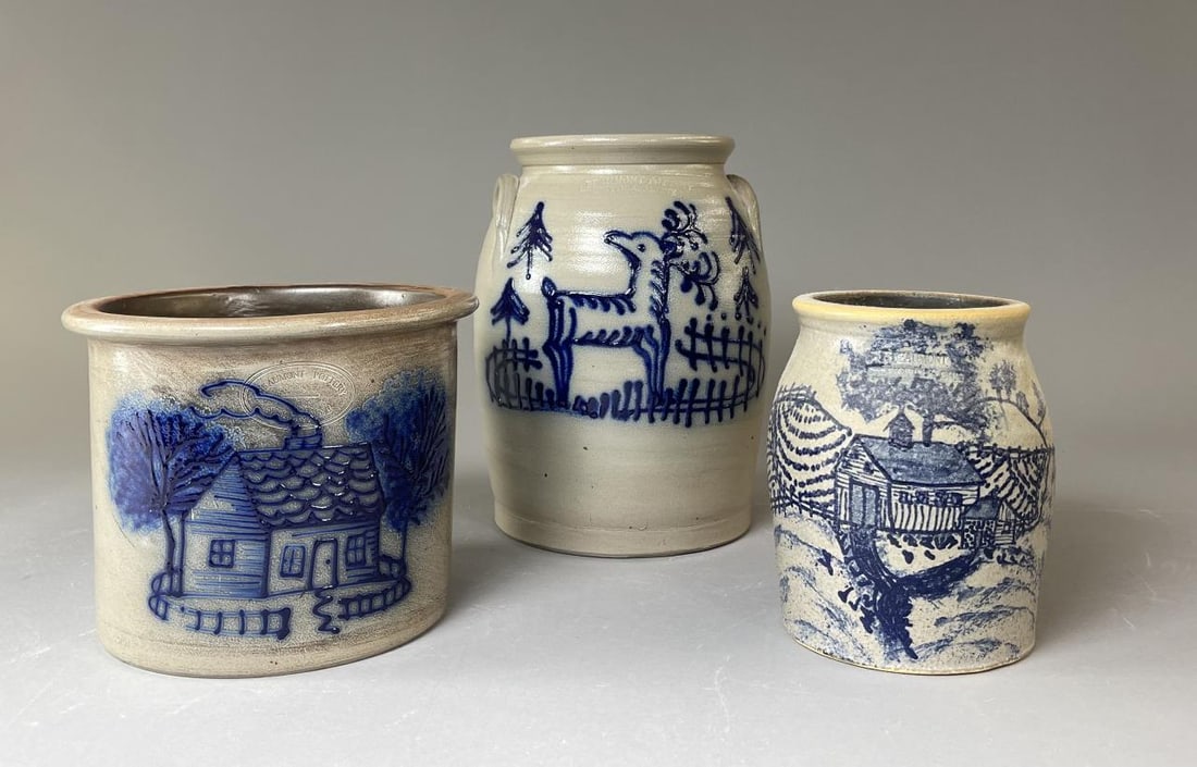 3 Cobalt Slip Decorated Beaumont Pottery Crocks (1 of 4)