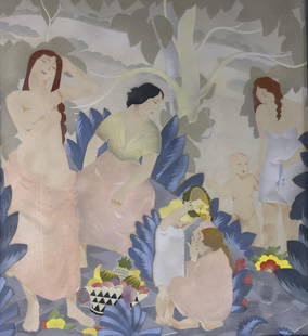 William E Hentschel Art Deco Bathers Pochoir: Circa 1930s airbrush pochoir painting by Rookwood pottery artist William Ernest Hentschel. It depicts a group of bathers in a garden. Signed lower left. Framed size 25-5/8" x 27-1/2". CONDITION: