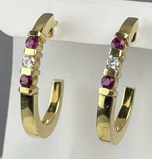 14K Yellow Gold Ruby & Diamond J-Hoop Earrings (1 of 3)