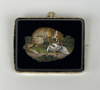 19th C. Italian Micro Mosaic Fox & Duck Brooch: 19th century Italian micro mosaic brooch depicting a fox with a mallard duck. Unmarked yellow gold toned setting with safety chain. 2" x 1-1/2". SHIPPING: In-House Shipping Available for this lot. Ple