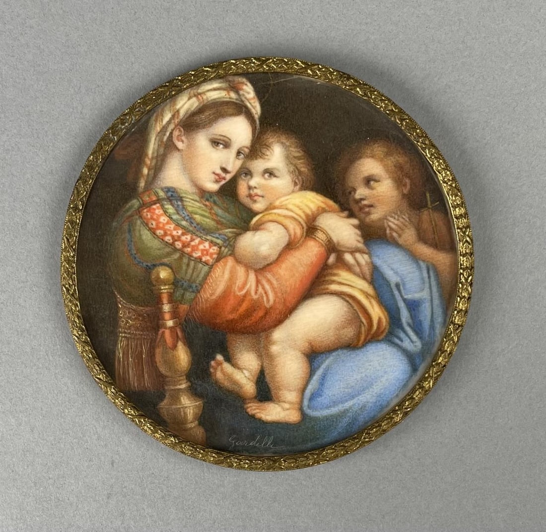 Miniature by Nimes Gardelli after Raphael: Miniature painting by Nimes Gardelli (Italian 1886-1968) after Raphael's "Madonna Della Sedia". Signed lower center. Brass frame. Possibly painted on bone or celluloid. Notation on back indicating pur