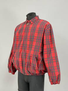 Red Tartan Plaid Mens Polo Ralph Lauren Jacket: Vintage late 20th century. Red woven Tartan Cotton poplin exterior with a heavy navy flannel lining. Metal YKK zipper closure. Marked size L. CONDITION: Light wear overall. SHIPPING: In-House