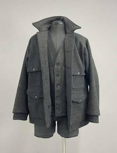 Filson Charcoal Wool Hunting Coat and Vest: From CC Filson Co. Seatle, "Might as Well Have the Best". A charcoal grey wool Mackinaw style hunting coat and vest. The coat is marked size 44. The vest is marked size 46. CONDITION: light wear overa