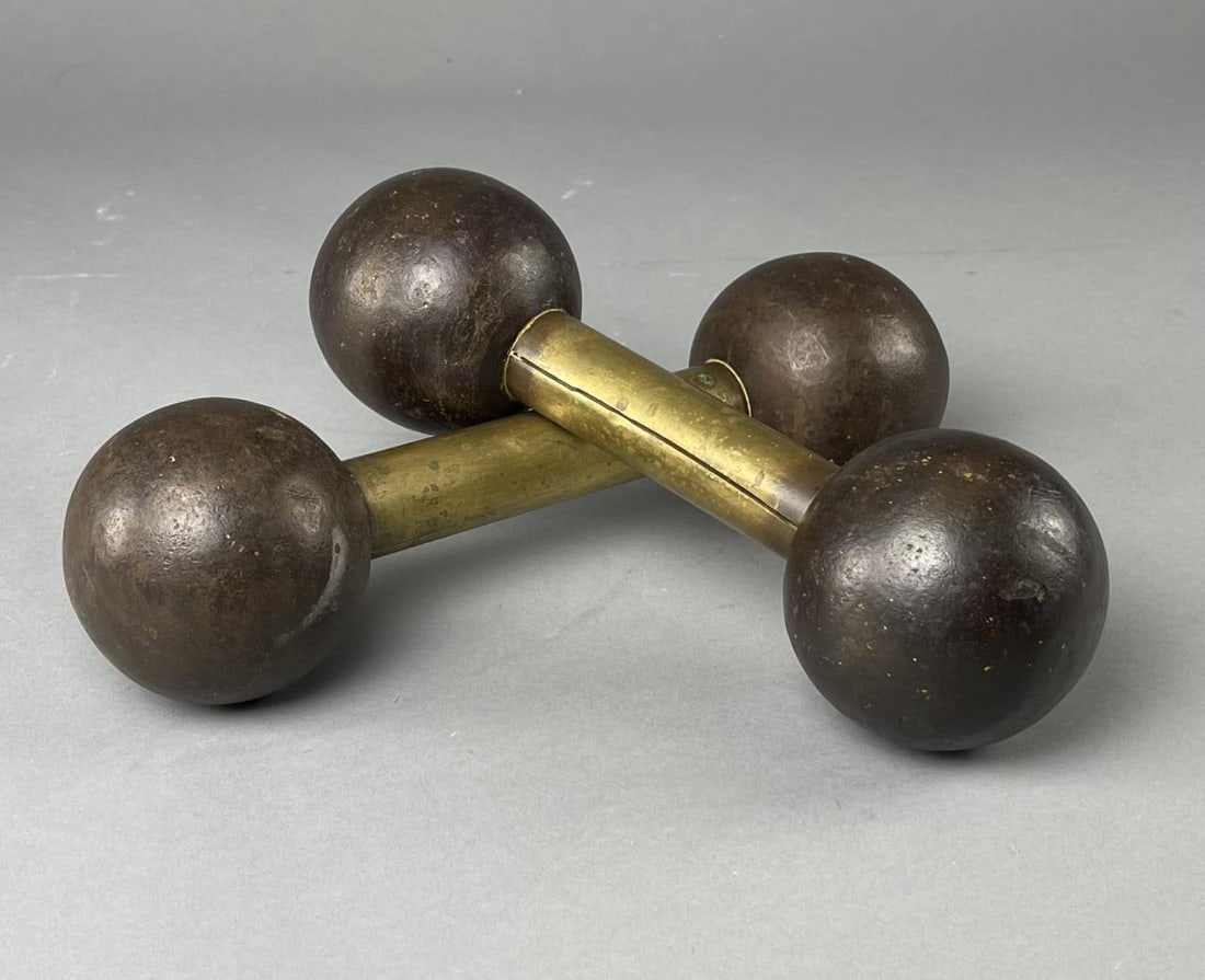 Antique Brass and Iron Strongman Globe Dumbells (1 of 5)