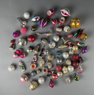 Antique Glass Christmas Tree Ornaments: Large collection of antique glass Christmas tree ornaments most appear to be early to mid 20th century. CONDITION: As found in varying condition with nicks , wear some loss at edges etc. lovely patina