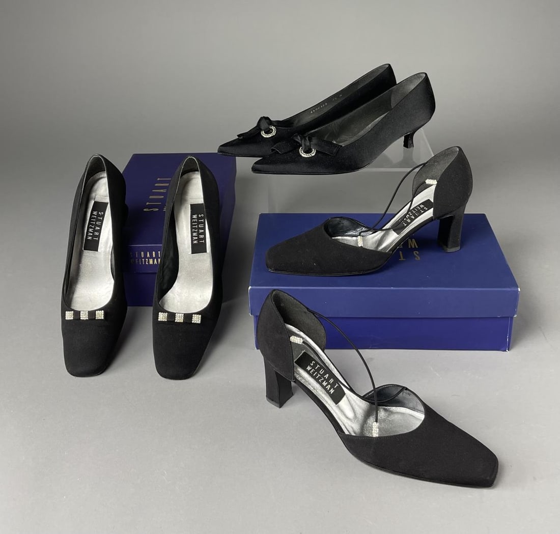 3 Pairs Stuart Weitzman Black Evening Shoes 7M: Three pairs of vintage rhinestone embellished fabric evening shoes from Stuart Weitzman - Lazo, Juliet and Rondex. All in size 7M. Original boxes included. CONDITION: Very lightly worn if at all. SHIP
