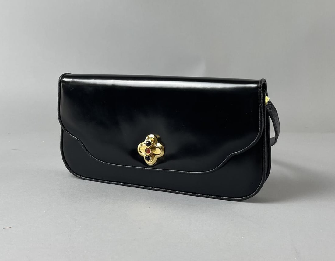 Judith Leiber Black Leather Bag Jeweled Clasp (1 of 11)