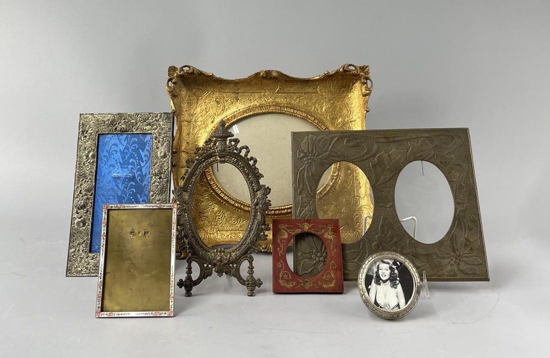 7 Antique Photo Frames- Silverplate, Enamel, Brass (1 of 10)