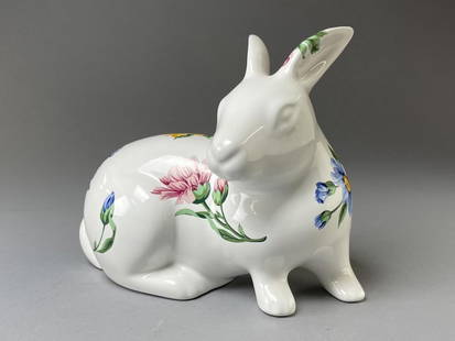 Tiffany & Co. Porcelain Bunny Figurine: A porcelain rabbit from Tiffany in a floral motif. Length 8-1/4", height 6-3/4". SHIPPING: In-House Shipping Available for this lot. Please read our Shipping Terms and Conditions and Shipping Policies