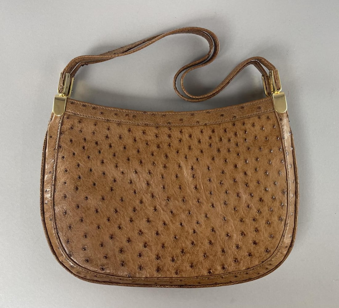 Vintage Ostrich Handbag Jean Weipert W.Germany: Vintage Jean Weipert "Traveller" handbag in what appears to be ostrich skin leather, made in West Germany. 11-1/4" x 8". CONDITION: Some minor light wear. SHIPPING: In-House Shipping Available for thi
