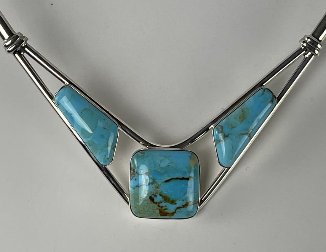 Jay King Sterling Silver Turquoise Collar Necklace: Jay King Dessert Rose Trading sterling silver with turquoise collar style necklace. Marked DRT and .925. Total weight 44 grams. SHIPPING: In-House Shipping Available for this lot. Please read our Ship