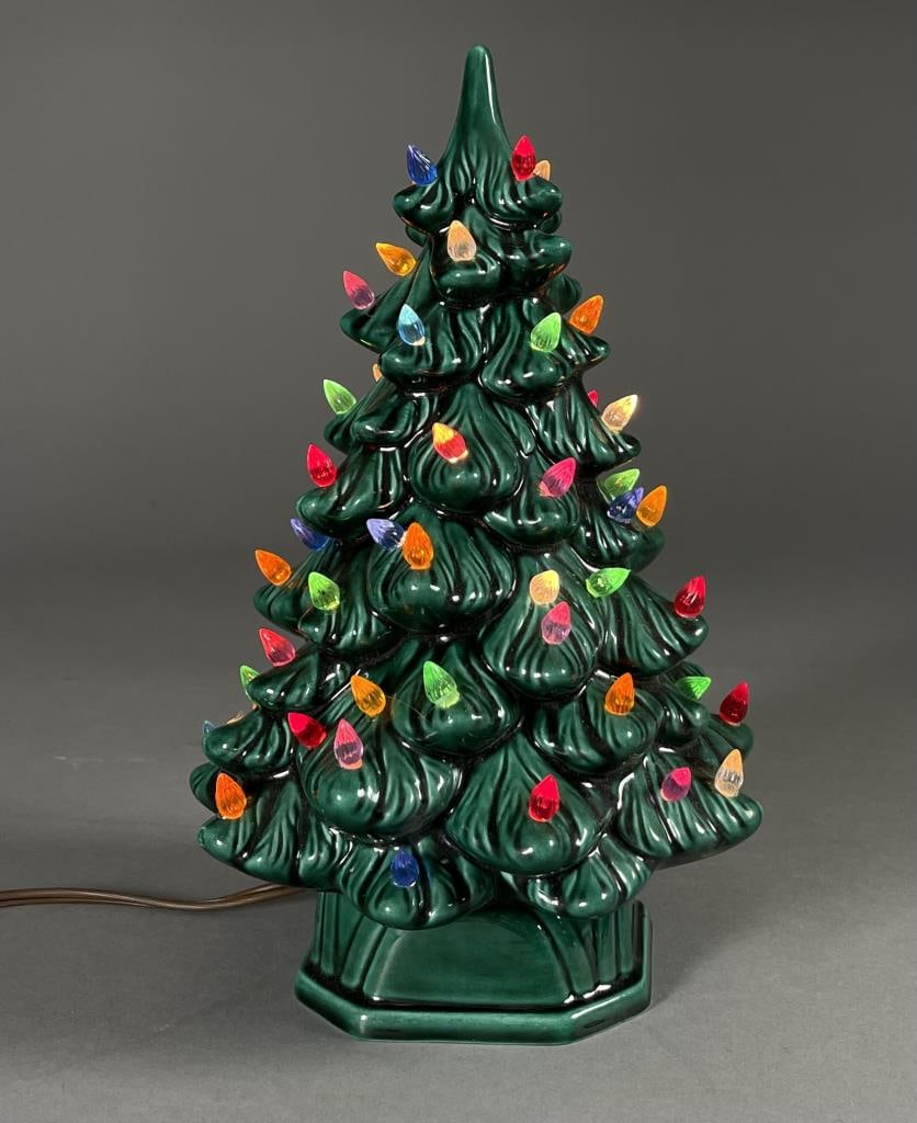 Vintage 1970s Lighted Ceramic Christmas Tree: Circa 1970s lighted ceramic Christmas tree. Height 11". CONDITION: Missing 2 plastic "bulbs". SHIPPING: In-House Shipping Available for this lot. Please read our Shipping Terms and Conditions and Ship