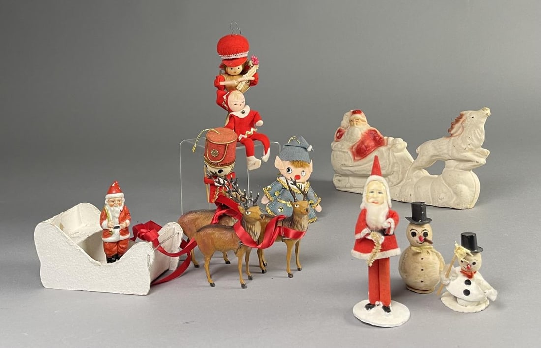Vintage Christmas Papier Mach? Decorations: Mostly papier mache and composition pieces dating to the mid 20th century. SHIPPING: In-House Shipping Available for this lot. Please read our Shipping Terms and Conditions and Shipping Policies prior