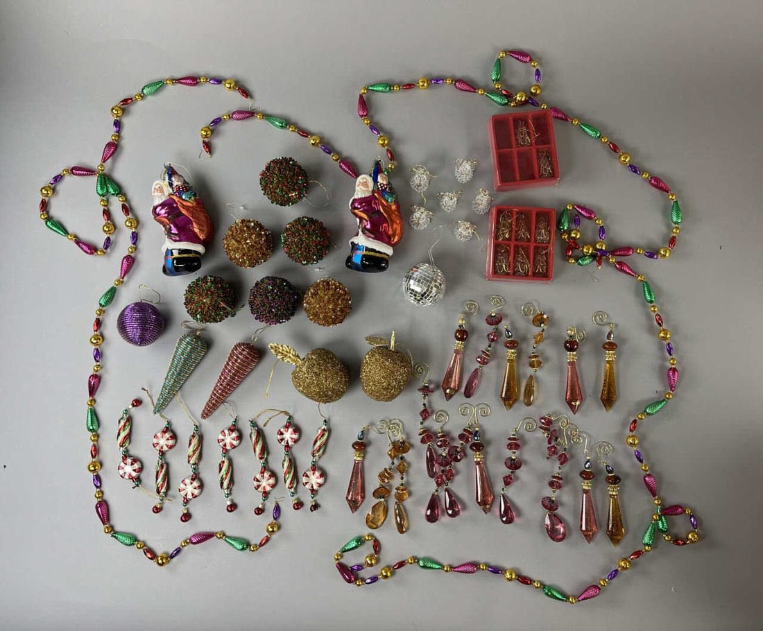 Collection Better Holiday Ornaments Late 20th C.: Includes Glass, hand beaded and faceted acrylic Christmas ornaments and more. SHIPPING: In-House Shipping Available for this lot. Please read our Shipping Terms and Conditions and Shipping Policies pr
