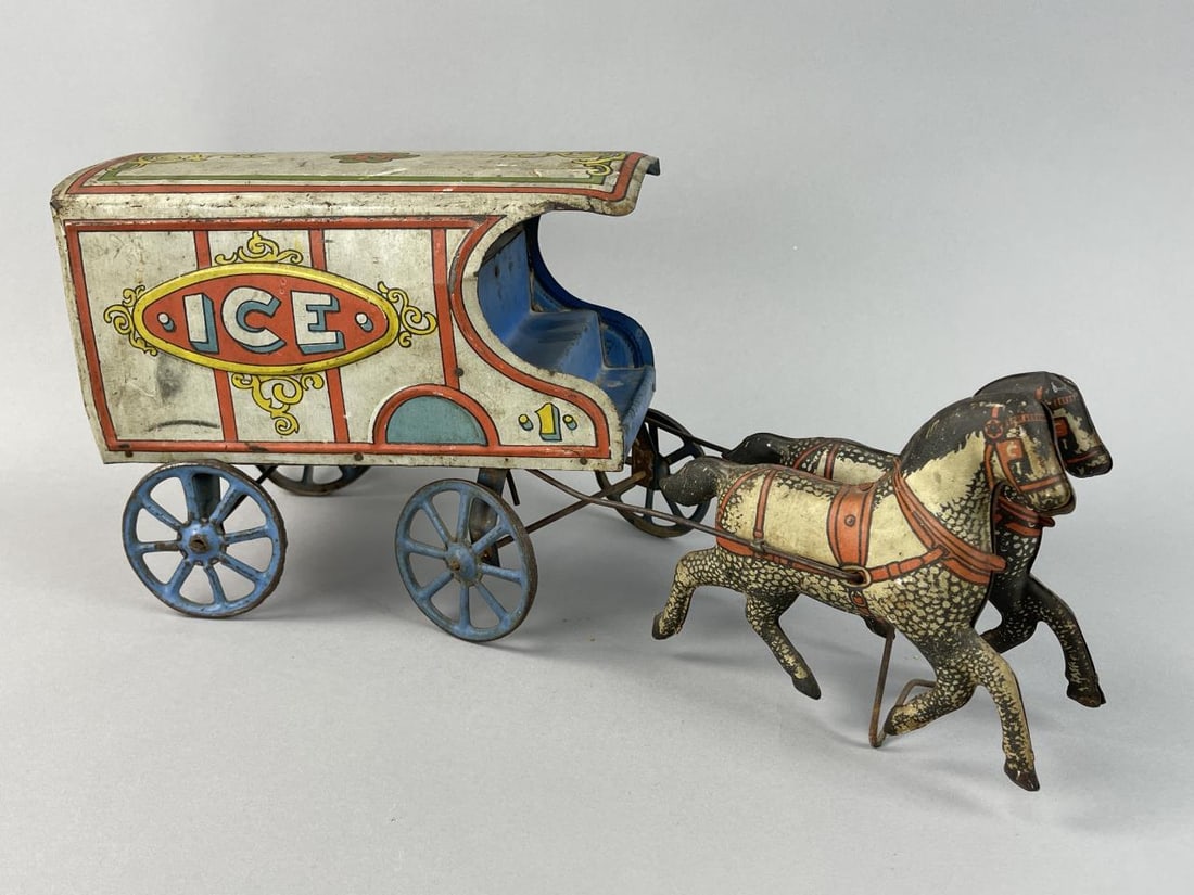 Antique Converse Tin Litho Horse and Ice Carriage: Circa 1910.Appx 17'' long x 8'' tall SHIPPING: In-House shipping available. Please read our Shipping Policies prior to bidding.