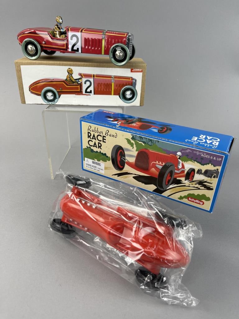 Schylling Wind-Up Race Car & Rubber Band Race Car: 2008 Schylling rubber band race car in original packaging in box. Paya tin wind up race car with key in box. SHIPPING: In-House shipping available. Please read our Shipping Policies prior to bidding.