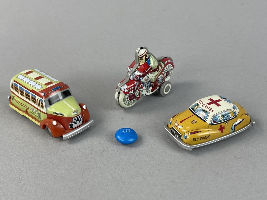 Miniature Meiji Tin Litho Car, Bus and Motorcycle: Made in ChinaTK Toys(M&M not included ;-) SHIPPING: In-House shipping available. Please read our Shipping Policies prior to bidding.