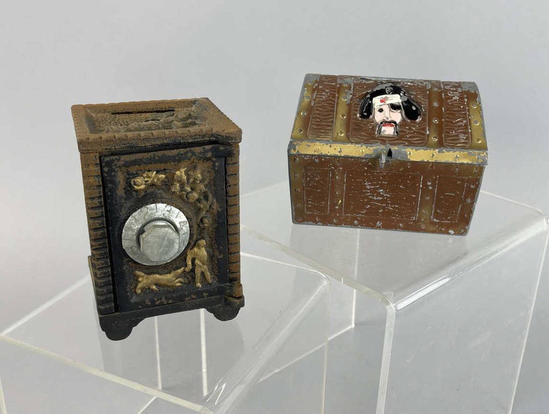 Vintage Cast Iron Bank & Metal Pirate Chest Bank Auction