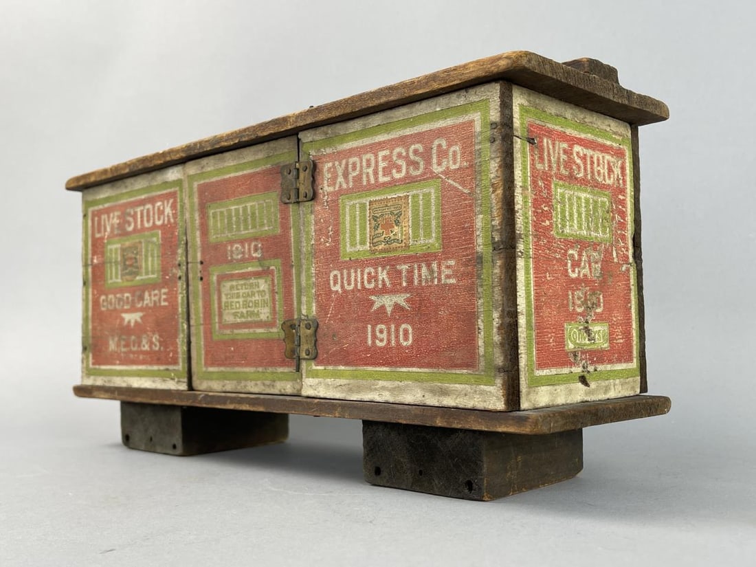 1910s Converse Toy Co. Wooden Railroad Car: Vintage c1910s Converse Toy Co. Livestock Express Co. Railroad Car1909 American Red Cross Christmas Seals stuck to sides.Mystery item on bottom inside, hard consistency. SHIPPING: In-House shipping av