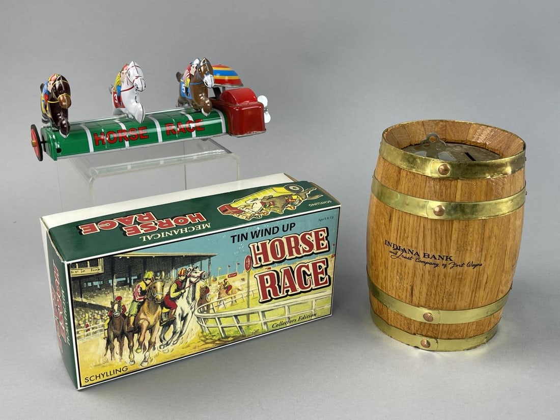 Tin Wind Up Horse Race & Wooden Barrel Bank (1 of 7)