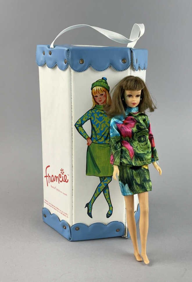 1960s Francie Barbie's Cousin Carrying Case: Appx 12'' tall 1965 Mattel carrying case.Made in Japan marked on dollVtg 1968-69 Barbie Francine #1213 Pazam Sun Dress Rain Coat#1170 Swimsuit SHIPPING: In-House shipping available. Please read our Sh