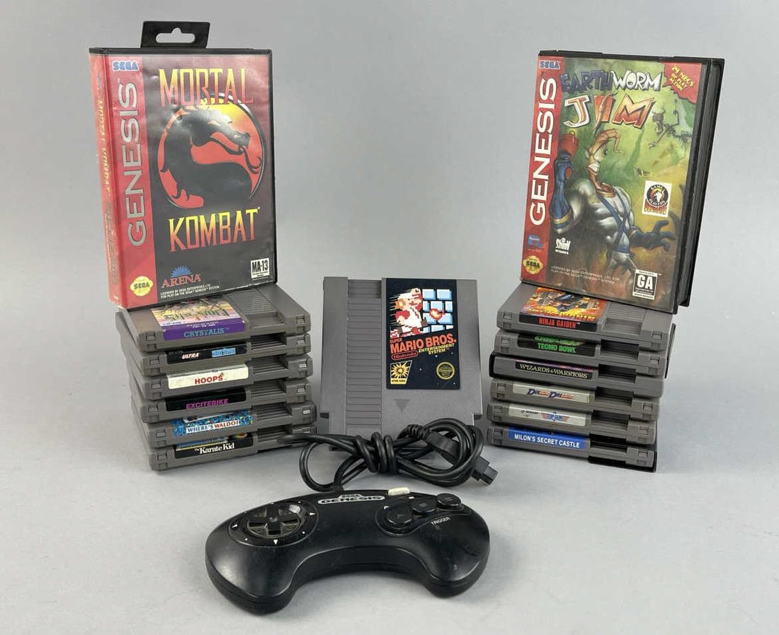 NES Cartridges Games & Sega Genesis Controller: Sega Genesis model no. 1650 controller, 2 games Earthworm Jim and Mortal Kombat13 Nintendo gamesWizards & Warriors (5 screw), Tecmo Bowl, Ultra Games Silent Service, The Karate Kid, Where's Waldo, Mil