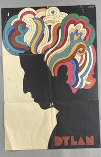 Bob Dylan Milton Glaser Greatest Hits Poster: Bob Dylan poster illustrated by Milton Glaser and was included originally with vinyl copies of the Greatest Hits album. Dylan in silhouette with psychedelic curly hair that may or may not spell out "E