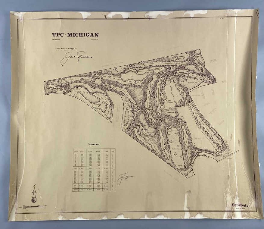 Jack Nicklaus Signed MI Golf Course Blueprint: Blueprint for the Dearborn Michigan TPC course designed by Jack Nicklaus in 1988. Landscaping blueprint is signed in pencil by Nicklaus. It is 30 X 36 inches in size. SHIPPING: In House shipping avail