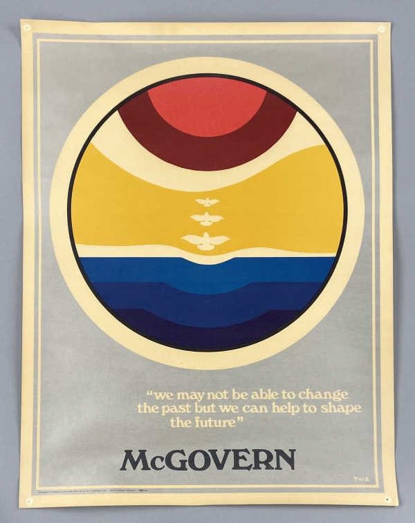 McGovern Political Poster by T.W. Benton: George McGovern for President political poster from 1972,19 3/4 X 35 3/4 inches in size. Printed signature in right hand corner is TWB. In left hand corner is Union seal, McGovern for President Commit