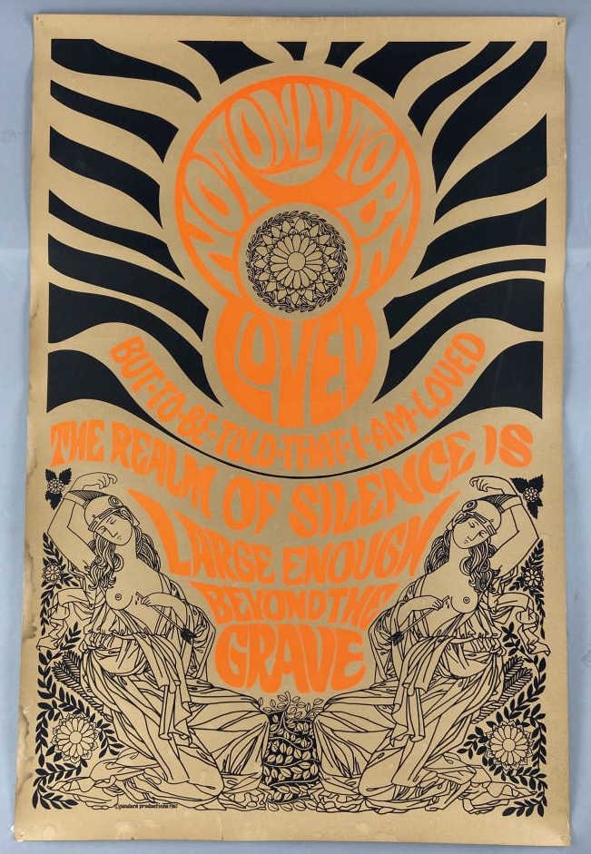 1967 Pandora Productions Black Light Poster: Black and orange black light poster from Pandora Productions in 1967. Poster features two goddesses and the words Not Only to be Loved, But to be Told That I Am Loved/ The Realm of Silence is Large En