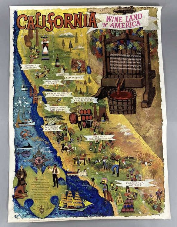 California Wine Country Map Lithograph: Map of California's Wine Land, by artist Amado Gonzalez (1913-2007). Litho is 28 X 40 inches in size. SHIPPING: In-House Shipping availble on this lot. Please read our Shipping Policies prior to biddi