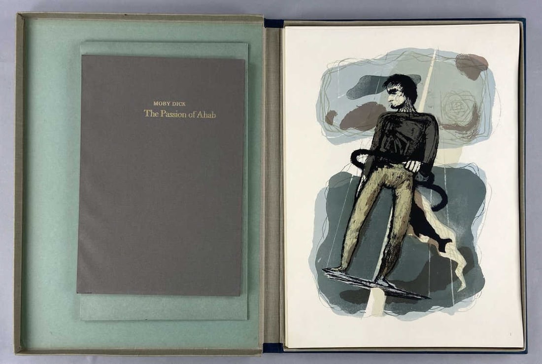 Moby Dick the Passion of Ahab 26 Lithographs: Moby Dick, the Passion of Ahab portfolio set of twenty six lithographs and book by Benton Spruance with text by Lawrance Thompson, published in 1968 by Barre Publishers. SHIPPING: In-House Shipping av
