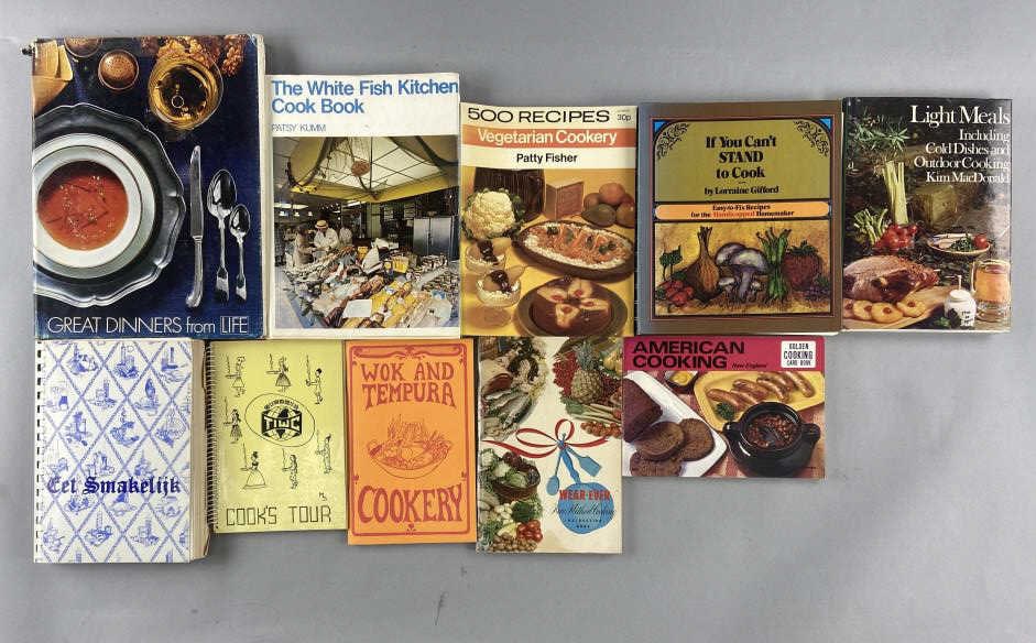 10 Vintage Cookbooks Fish, Wok, Vegetarian: Cook's Tour, published by TIWC, spiral binding. Get Smakelijk a collection of recipes by members and friends of Junior Welfare League of Holland, Michigan, second printing November 1964, spiral bindin
