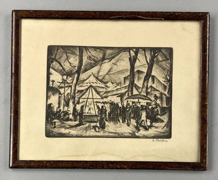 Ernst Bahn Etching Munster on Cathedral Square: The Munster on the Cathedral Square etching by Ernst Bahn, signed in pencil by the artist. Etching with frame is 11 X 14 inches in size. SHIPPING: In-House Shipping availble on this lot. Please read o