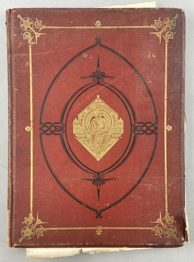 Poems by Thomas Hood Folio, Gustave Dore Ill.: Poems by Thomas Hood Illustrated by Gustave Dore, published by Cassell, Petter, and Galpin in 1944. Red leather covered boards with gold gilt flashing. SHIPPING: In-House Shipping availble on this lot