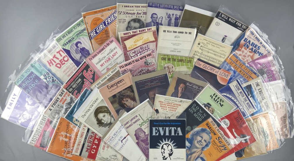 Sheet Music Broadway & Movies Gershwin R&H: 44 music sheets from movies and Broadway shows including music written by Rogers & Hammerstein, George Gershwin, and Tim Rice, and sung by Barbra Streisand, Fred Astaire, and Andy Williams. SHIPPING: