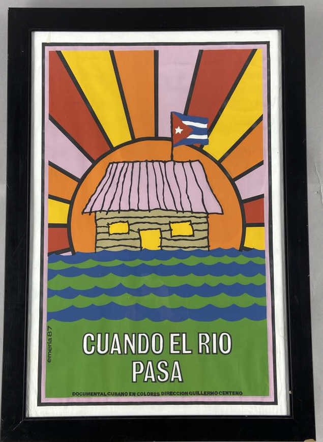 Cuando El R?o Pasa Cuban Movie Poster 1987: Poster for the documentary film Cuando El Rio Pasa by Guillermo Centeno in 1987. Poster with frame is 23 1/4 X 33 1/4 inches in size. SHIPPING: In-House Shipping availble on this lot. Please read our 