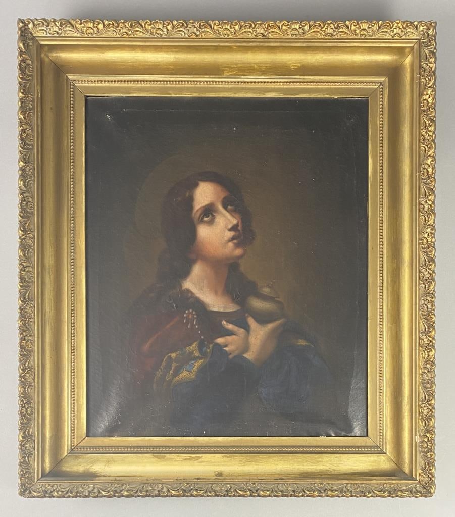 Mary Magdalene Oil on Canvas After Carlo Dolci: Circa 19th century oil on canvas painting depicting Mary Magdalene after the original by Carlo Dolci (Italian, 1616-1686). Ornate older gilt gesso frame. Framed size 32" x 28", canvas size 24-1/4" x 2