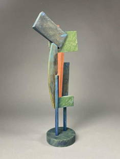 Morris Brose Wooden Constructivist Sculpture: Polychromed wooden constructivist sculpture by Morris Brose (Polish American, 1914-2000). Brose studied at the Detroit Institute of Arts and Crafts, Wayne State University and the Cranbrook Academy of