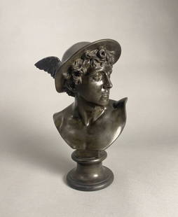 19th C. Wedgwood Black Basalt Bust of Mercury: Wedgwood Black Basalt library bust of the Roman God Mercury (Greek God Hermes) circa late 19th century. Mounted to a round socle base. The impressed Wedgwood marks are found on the back of the bust an