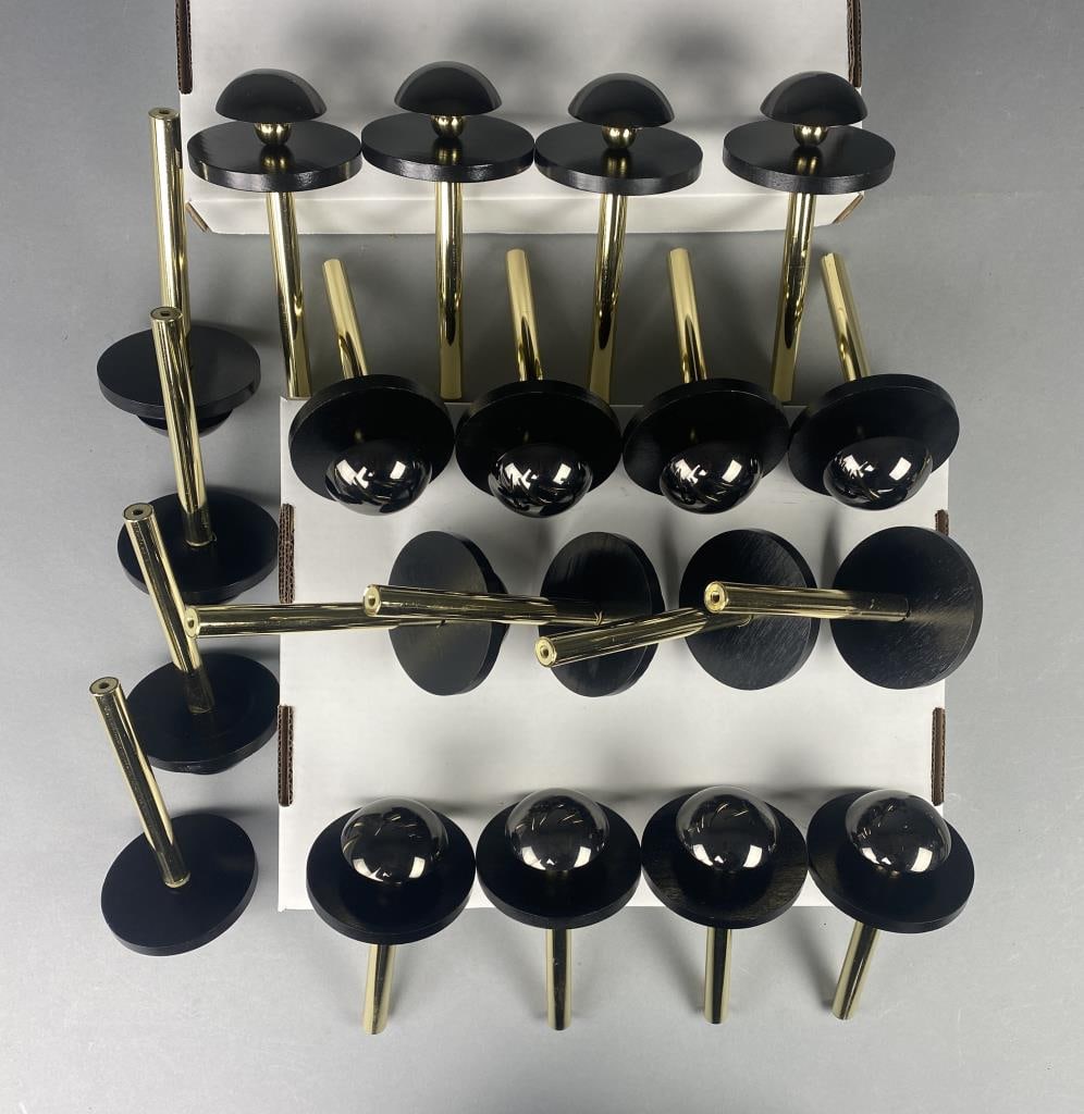 20 Postmodern late 20th C. Drapery Tie Backs: Chic postmodernist curtain or drape tie backs in gun metal toned patinated brass, black lacquered wood and bright brass. The patinated domed caps and ball spacers appear to be solid brass while the ro