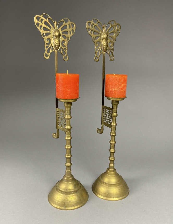 Pair Asian Brass Candlesticks Butterfly Screens (1 of 5)