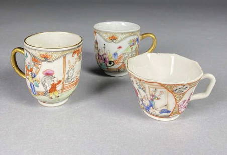 Three 18th C. Chinese Export Porcelain Cups: Includes 3 Chinese Rose Mandarin porcelain cups dating to the 18th century. The height of the tallest is approximately 2-1/2". From the collection of Phillip Siebert.