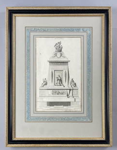 18th C. French Neoclassical Tomb Print I: 18th century architectural tomb print compos? et grav? par Jean Francois Deneufforge (1714-1791). Nicely custom decorator framed. Framed size 19-1/2" x 25-3/4". From the collection of Phillip Siebert.