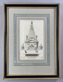 18th C. French Neoclassical Tomb Print: 18th century architectural tomb print compos? et grav? par Jean Francois Deneufforge (1714-1791). Nicely custom decorator framed. Framed size 25-3/4" x 19-1/2". From the collection of Phillip Siebert.