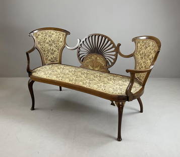 Edwardian Butterfly Settee with Inlay Fan Back: Circa 1900 Art Nouveau settee with a pierced center fan back with fine floral marquetry. Height 33", width 57-1/2", depth 25". From the collection of Phillip Siebert.